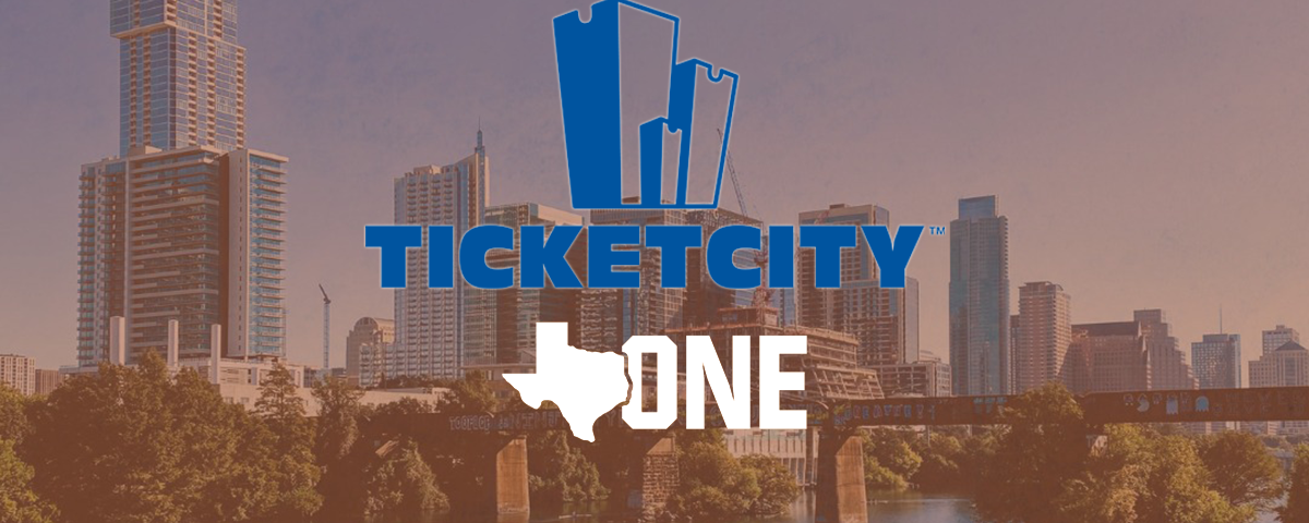 TicketCity and Texas One Fund Logos superimposed on Austin skyline, stylized like an old film photo