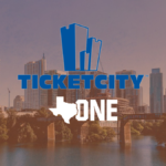 TicketCity and Texas One Fund Logos superimposed on Austin skyline, stylized like an old film photo