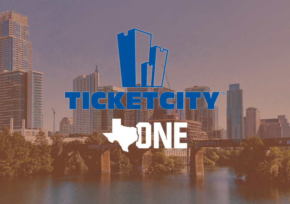 TicketCity and Texas One Fund Logos superimposed on Austin skyline, stylized like an old film photo